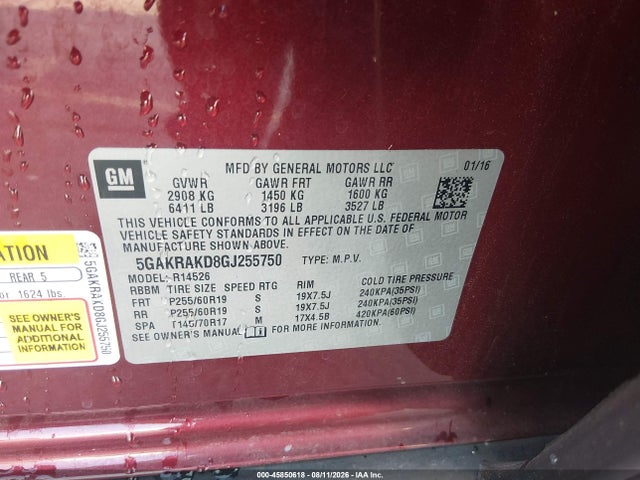 Продаж на аукціоні авто 2016 Buick Enclave Convenience, vin: 5GAKRAKD8GJ255750, номер лоту: 45850618