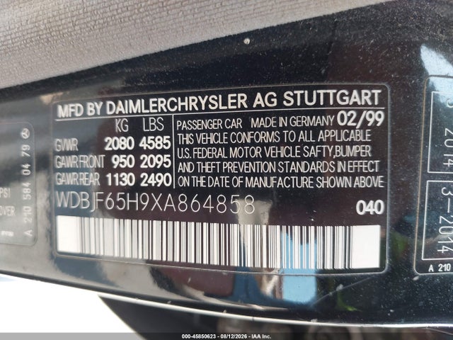 1999 Mercedes-benz E 320 მანქანა იყიდება აუქციონზე, vin: WDBJF65H9XA864858, აუქციონის ნომერი: 45850623