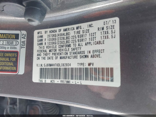 45850631 :رقم المزاد ، 5J6RM4H78DL082904 vin ، 2013 Honda Cr-v Ex-l مزاد بيع