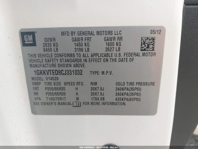 45850632 :رقم المزاد ، 1GKKVTED8CJ331032 vin ، 2012 Gmc Acadia Denali مزاد بيع