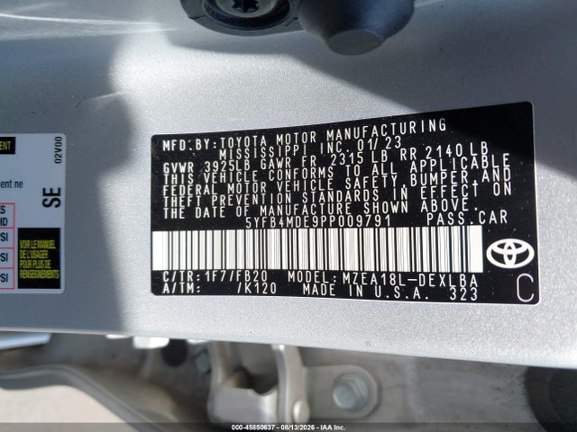 45850637 :رقم المزاد ، 5YFB4MDE9PP009791 vin ، 2023 Toyota Corolla Le مزاد بيع