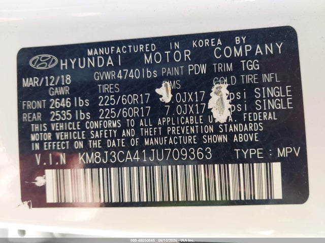 KM8J3CA41JU709363 Hyundai TUCSON SEL