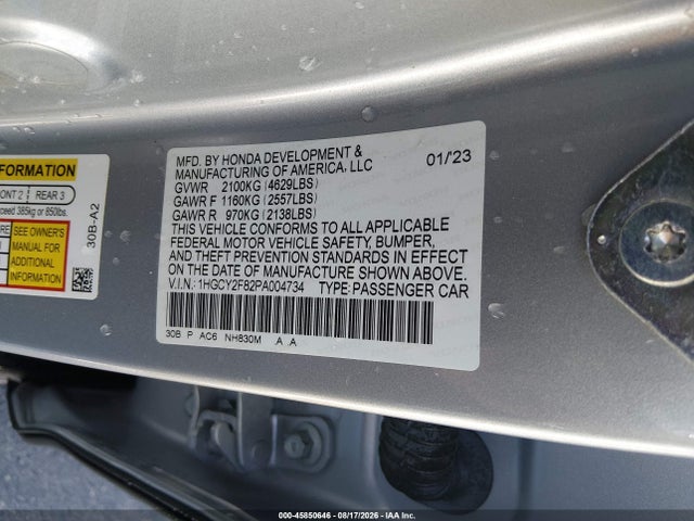 Продажа на аукционе авто 2023 Honda Accord Hybrid Touring, vin: 1HGCY2F82PA004734, номер лота: 45850646