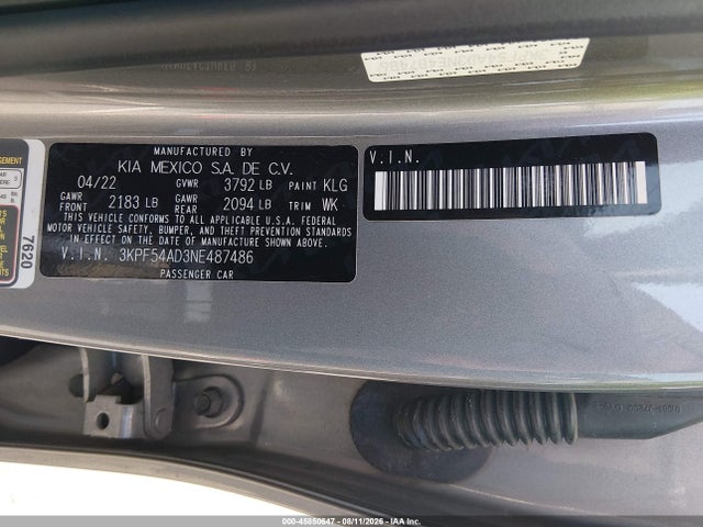 2022 Kia Forte Gt-line მანქანა იყიდება აუქციონზე, vin: 3KPF54AD3NE487486, აუქციონის ნომერი: 45850647