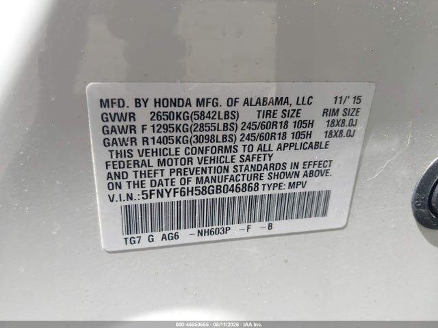 5FNYF6H58GB046868 Honda Pilot Ex-l