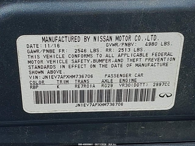 Продажа на аукционе авто 2017 Infiniti Q50 3.0t Premium, vin: JN1EV7APXHM736706, номер лота: 45850661
