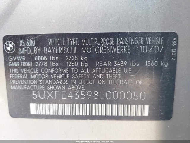 Aukcja sprzedaży 2008 Bmw X5 3.0si, vin: 5UXFE43598L000050, numer aukcji: 45850663