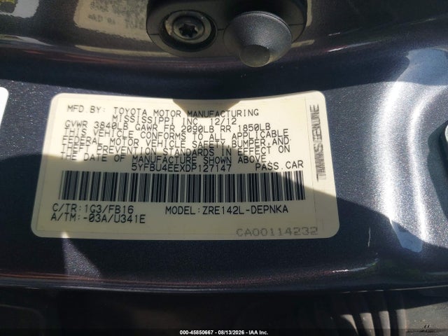 45850667 :رقم المزاد ، 5YFBU4EEXDP127147 vin ، 2013 Toyota Corolla Le مزاد بيع