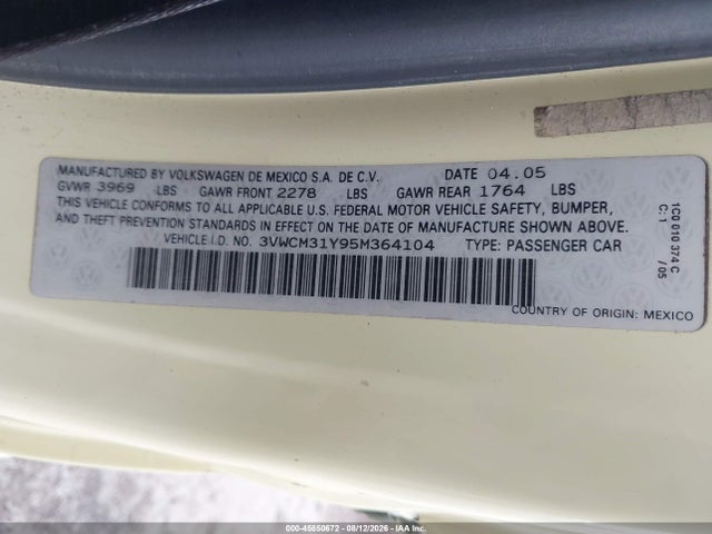 Aukcja sprzedaży 2005 Volkswagen New Beetle Gls, vin: 3VWCM31Y95M364104, numer aukcji: 45850672