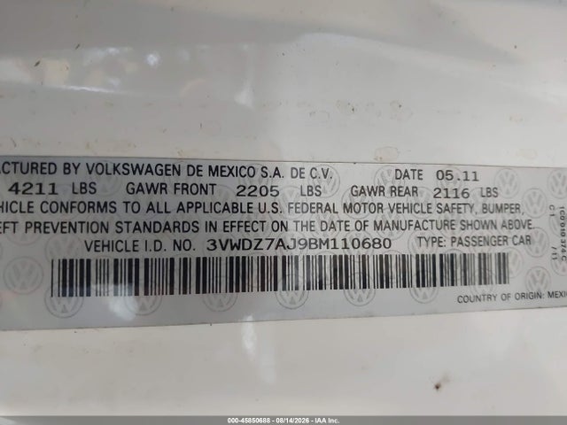 2011 Volkswagen Jetta 2.5l Se მანქანა იყიდება აუქციონზე, vin: 3VWDZ7AJ9BM110680, აუქციონის ნომერი: 45850688
