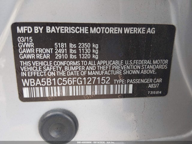 45850696 :رقم المزاد ، WBA5B1C56FG127152 vin ، 2015 Bmw 535i مزاد بيع