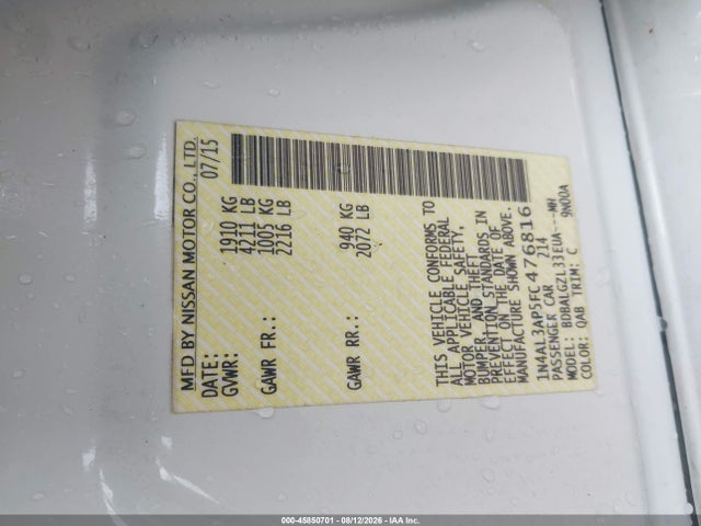 Продаж на аукціоні авто 2015 Nissan Altima 2.5 S, vin: 1N4AL3AP5FC476816, номер лоту: 45850701