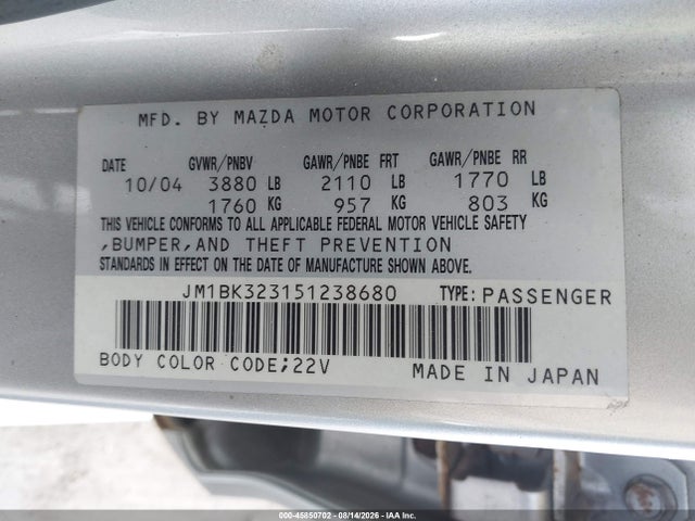 45850702 :رقم المزاد ، JM1BK323151238680 vin ، 2005 Mazda Mazda3 S مزاد بيع