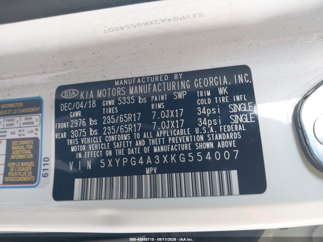 Продажа на аукционе авто 2019 Kia Sorento 2.4l Lx, vin: 5XYPG4A3XKG554007, номер лота: 45850718