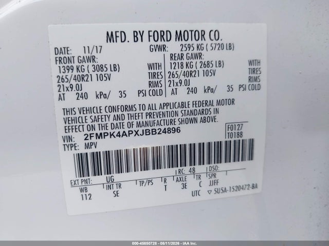 2018 Ford Edge Sport მანქანა იყიდება აუქციონზე, vin: 2FMPK4APXJBB24896, აუქციონის ნომერი: 45850728