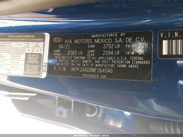 2021 Kia Forte Lxs მანქანა იყიდება აუქციონზე, vin: 3KPF24AD8ME364046, აუქციონის ნომერი: 45850739