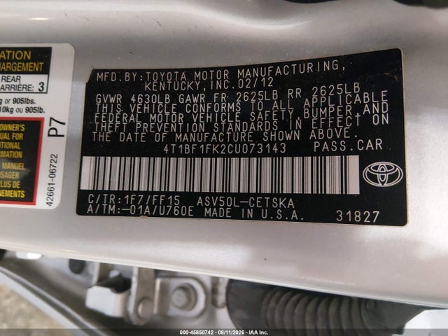 2012 Toyota Camry Se მანქანა იყიდება აუქციონზე, vin: 4T1BF1FK2CU073143, აუქციონის ნომერი: 45850742