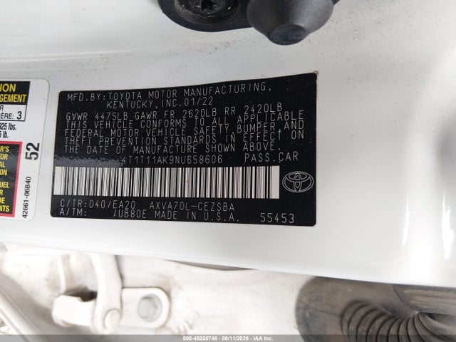 45850746 :رقم المزاد ، 4T1T11AK9NU658606 vin ، 2022 Toyota Camry Se مزاد بيع