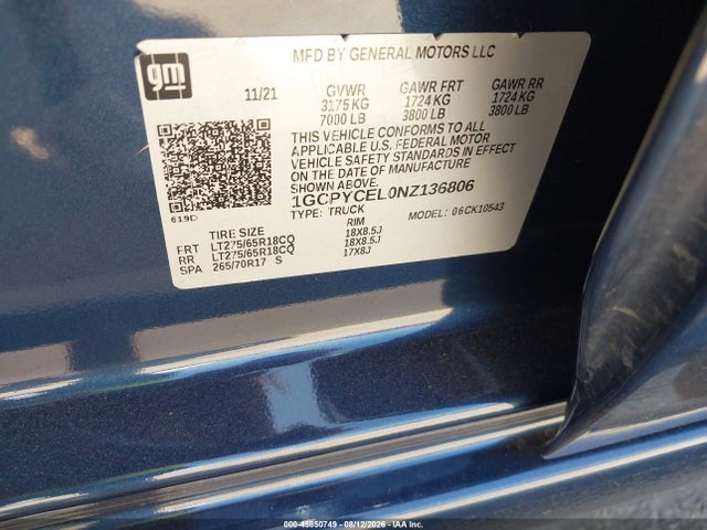 45850749 :رقم المزاد ، 1GCPYCEL0NZ136806 vin ، 2022 Chevrolet Silverado 1500 Ltd 4wd  Short Bed Custom Trail Boss مزاد بيع