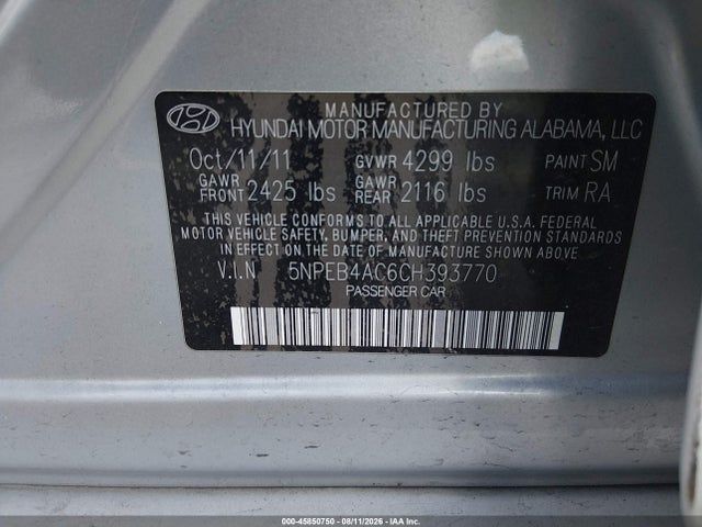 Продаж на аукціоні авто 2012 Hyundai Sonata Gls, vin: 5NPEB4AC6CH393770, номер лоту: 45850750