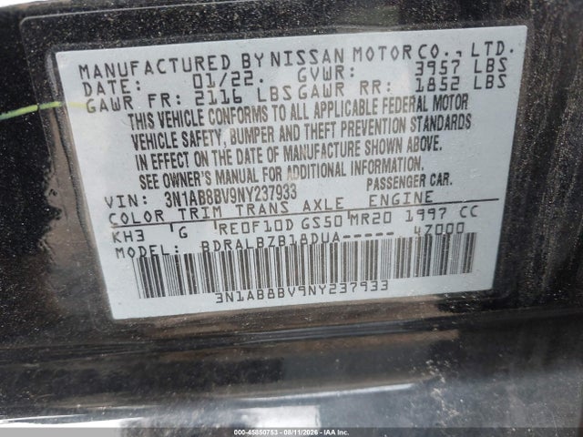 Aukcja sprzedaży 2022 Nissan Sentra S Xtronic Cvt, vin: 3N1AB8BV9NY237933, numer aukcji: 45850753