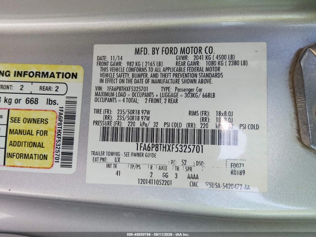 Продажа на аукционе авто 2015 Ford Mustang Ecoboost, vin: 1FA6P8THXF5325701, номер лота: 45850756