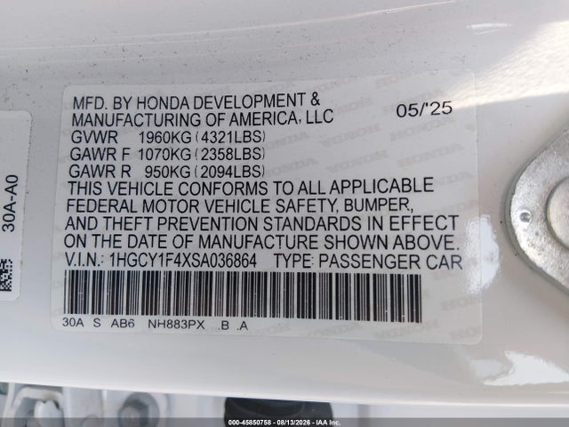 Aukcja sprzedaży 2025 Honda Accord Se, vin: 1HGCY1F4XSA036864, numer aukcji: 45850758