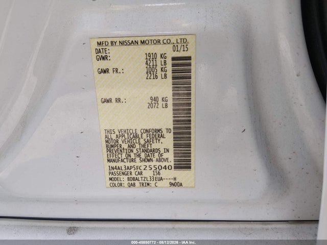 Nissan Altima 2.5 Sl 2015 1N4AL3AP5FC255040 Image 9
