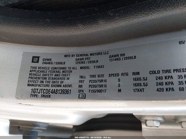 2010 Gmc Canyon Sle1 მანქანა იყიდება აუქციონზე, vin: 1GTJTCDE4A8139361, აუქციონის ნომერი: 45850774