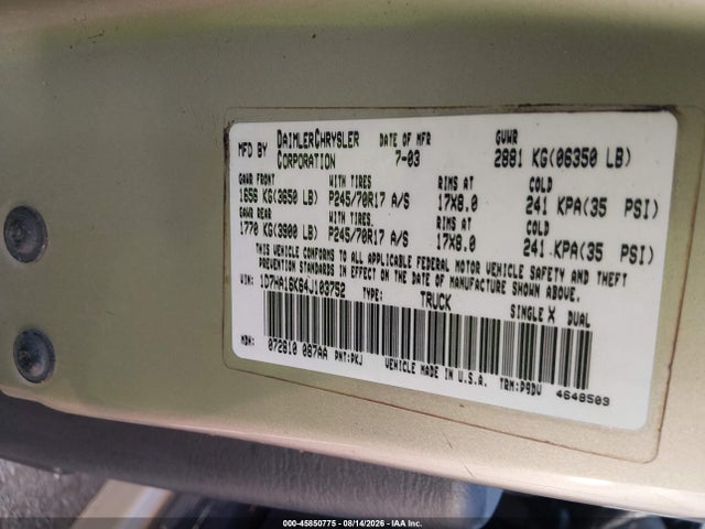 45850775 :رقم المزاد ، 1D7HA16K64J103752 vin ، 2004 Dodge Ram 1500 St مزاد بيع