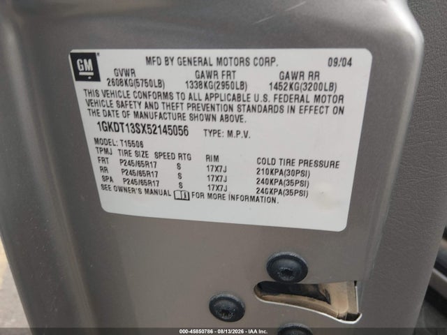2005 Gmc Envoy Sle მანქანა იყიდება აუქციონზე, vin: 1GKDT13SX52145056, აუქციონის ნომერი: 45850786