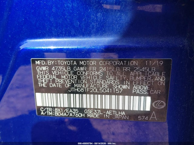 Aukcja sprzedaży 2020 Lexus Is 300, vin: JTHG81F20L5041157, numer aukcji: 45850794
