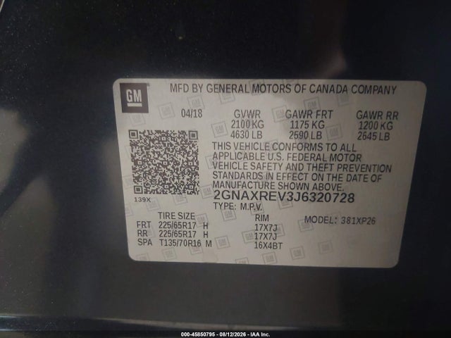 2018 Chevrolet Equinox Ls მანქანა იყიდება აუქციონზე, vin: 2GNAXREV3J6320728, აუქციონის ნომერი: 45850795