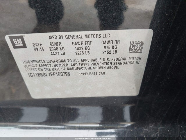 Продажа на аукционе авто 2015 Chevrolet Malibu Ls, vin: 1G11B5SL7FF160796, номер лота: 45850804
