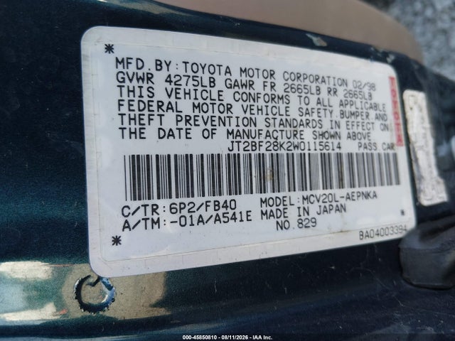 Продаж на аукціоні авто 1998 Toyota Camry Le V6, vin: JT2BF28K2W0115614, номер лоту: 45850810