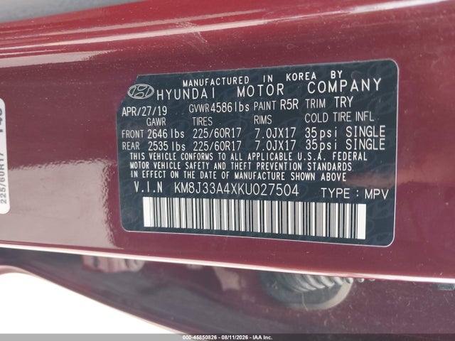 Продажа на аукционе авто 2019 Hyundai Tucson Value, vin: KM8J33A4XKU027504, номер лота: 45850826
