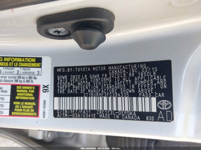 Aukcja sprzedaży 2015 Toyota Corolla L, vin: 2T1BURHE3FC394335, numer aukcji: 45850846