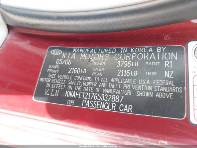 45850848 :رقم المزاد ، KNAFE121765332887 vin ، 2006 Kia Spectra Ex/lx/sx مزاد بيع