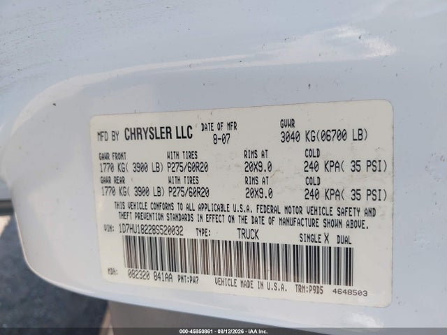2008 Dodge Ram 1500 Slt მანქანა იყიდება აუქციონზე, vin: 1D7HU18228S520032, აუქციონის ნომერი: 45850861
