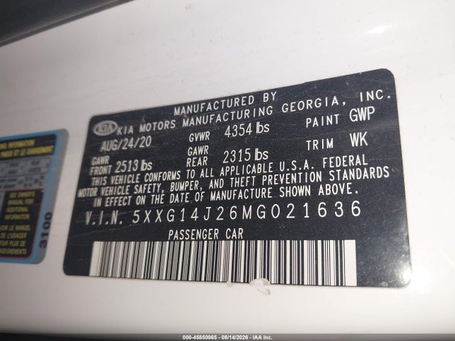 Aukcja sprzedaży 2021 Kia K5 Lxs, vin: 5XXG14J26MG021636, numer aukcji: 45850865