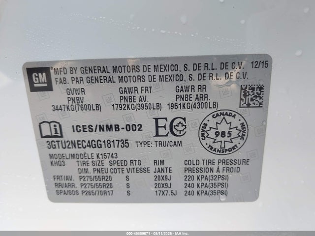 45850871 :رقم المزاد ، 3GTU2NEC4GG181735 vin ، 2016 Gmc Sierra 1500 Slt مزاد بيع