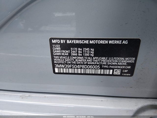 2023 Bmw 330e Xdrive მანქანა იყიდება აუქციონზე, vin: 3MW39FS04P8D06005, აუქციონის ნომერი: 45850894
