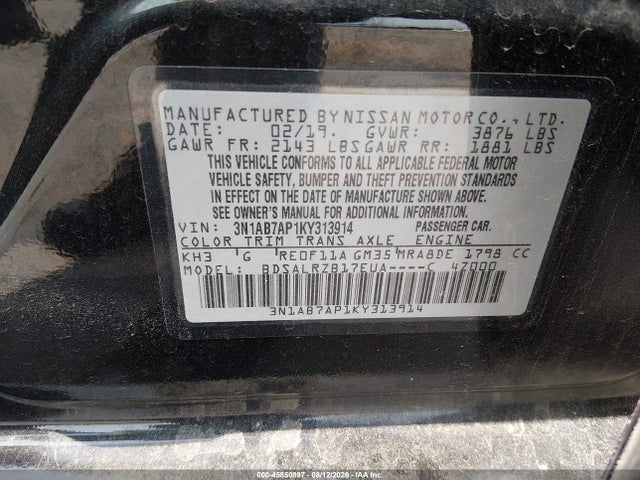 Aukcja sprzedaży 2019 Nissan Sentra Sr, vin: 3N1AB7AP1KY313914, numer aukcji: 45850897