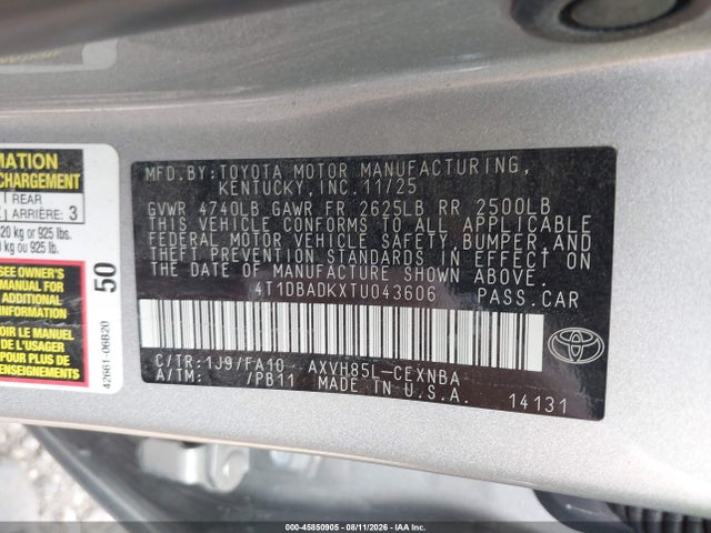 2026 Toyota Camry Le მანქანა იყიდება აუქციონზე, vin: 4T1DBADKXTU043606, აუქციონის ნომერი: 45850905
