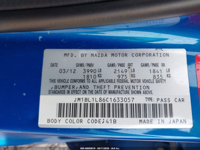 Aukcja sprzedaży 2012 Mazda Mazda3 I Touring, vin: JM1BL1L86C1633057, numer aukcji: 45850919