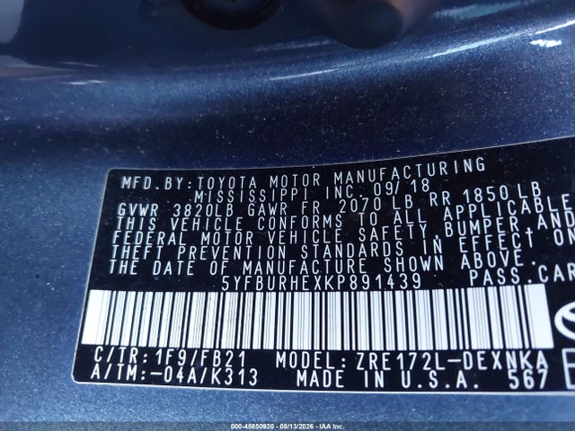 Aukcja sprzedaży 2019 Toyota Corolla Le, vin: 5YFBURHEXKP891439, numer aukcji: 45850920