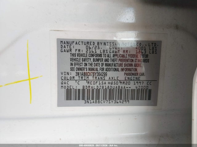 2025 Nissan Sentra Sv მანქანა იყიდება აუქციონზე, vin: 3N1AB8CV7SY364299, აუქციონის ნომერი: 45850929
