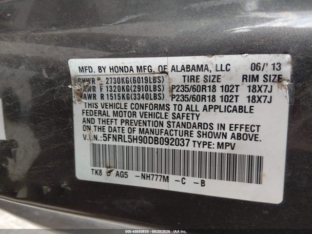 Продаж на аукціоні авто 2013 Honda Odyssey Touring/touring Elite, vin: 5FNRL5H90DB092037, номер лоту: 45850930