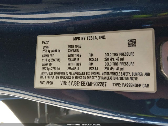 5YJ3E1EBXMF902287 Tesla Model 3 Long Range Dual Motor All-wheel Drive