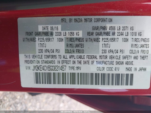 45850934 :رقم المزاد ، JM3KE4CY6G0831457 vin ، 2016 Mazda Cx-5 Touring مزاد بيع